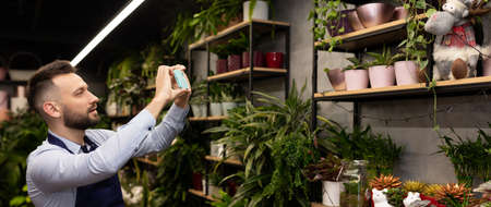 florist man takes pictures of potted plants and flowers in his bouquet shopの写真素材