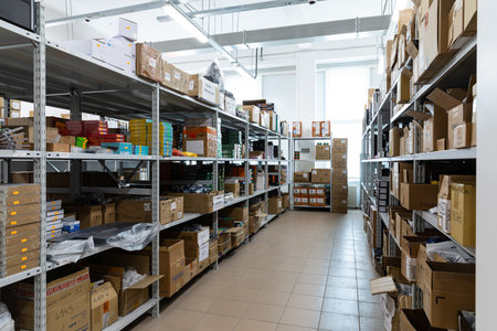 Minsk, Belarus - Jan 05, 2022: Photo of a warehouse with boxes on the shelves. Utility room of a...