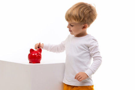 beautiful boy child on a white background plays with a piggy bank, the concept of investment and banking from an early ageの写真素材