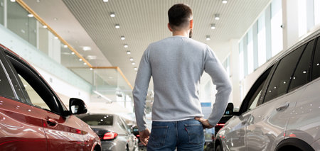 a man in a car dealership chooses a new car for himself