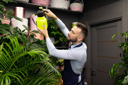 flower shop employee spraying flowers with water