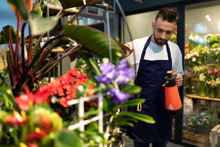 office service worker with fresh flowers and potted plants
