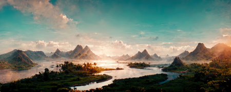 Fantastic panorama of the valley with overflowing lakes and mountain peaks in fantasy styleの写真素材