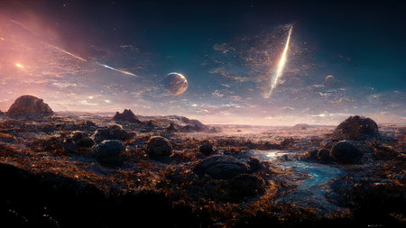 abstract fantastic landscape of highlands with space instead of sky