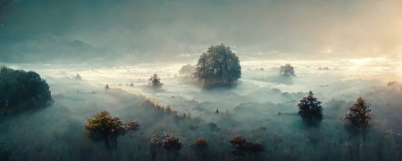 landscape of alpine forest in fog at dawn in fantasy styleの写真素材