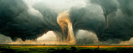 artistic illustration of a huge terrible tornado in the panorama of the plainの写真素材