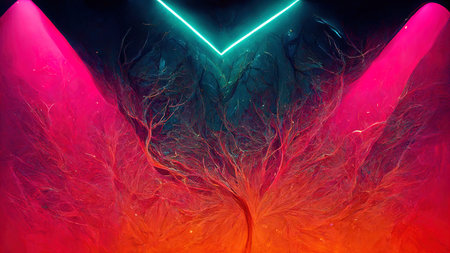 3D illustration futuristic with neon colors in red and turquoise shades on a black background