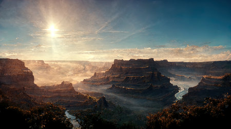 Canyon at dawn with fog and the sun in the skyの写真素材