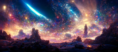 space fantasy landscape with stars and nebulae in deep space universeの写真素材