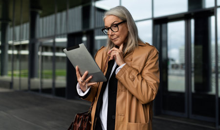 stylish elderly businesswoman with a tablet in her hands on the background of a business centerの写真素材
