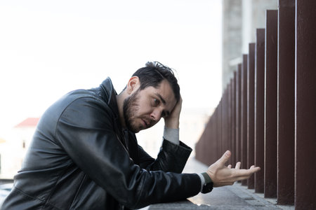 young man experiencing feelings of depressionの写真素材