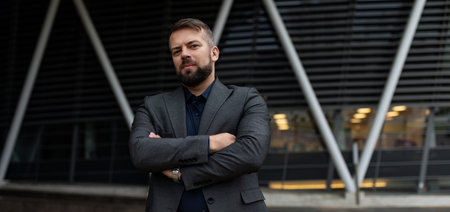 business portrait of a male businessman on the background of a modern business centerの写真素材