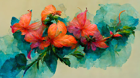 Abstract composition of plants and flower petals painting color texture. Modern floral pattern, super bright vibrant colors. luxury backgroundの写真素材