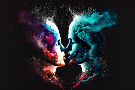 abstract illustration on the theme of love and relationships in a couple between lovers, the concept of the holiday of Valentines Dayの写真素材