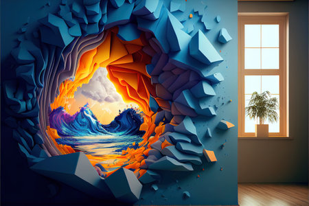 fantastic design creative interior with a portal on the wall leading to another dimension, volumetric photo zone on the wallの写真素材