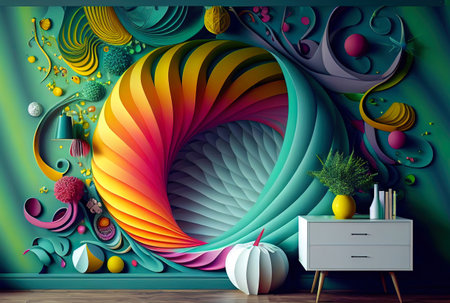 fantastic design creative interior with a portal on the wall leading to another dimension, volumetric photo zone on the wallの写真素材