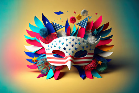 bright carnival mask, accessory for the festival on a colorful juicy backgroundの写真素材