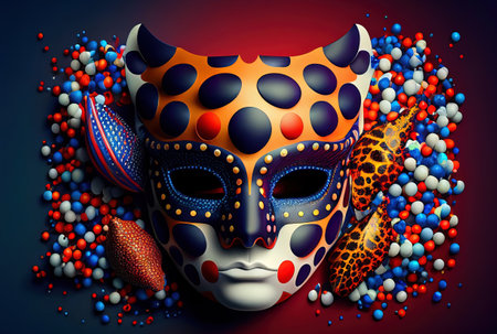 bright carnival mask, accessory for the festival on a colorful juicy backgroundの写真素材