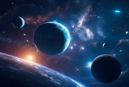 abstract illustration of the cosmos on the theme of the origin of life in the universe with stars,...
