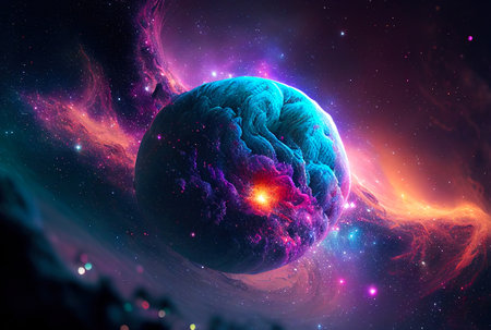 abstract illustration of the cosmos on the theme of the origin of life in the universe with stars,...
