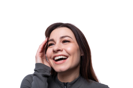 Beautiful young brunette woman in love on white clean background with copy space