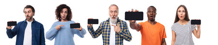 Collage of photos of men and women with horizontal smartphone mockup