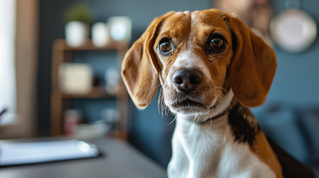 Brown and White Dog Sitting on Table. Generative AIの素材
