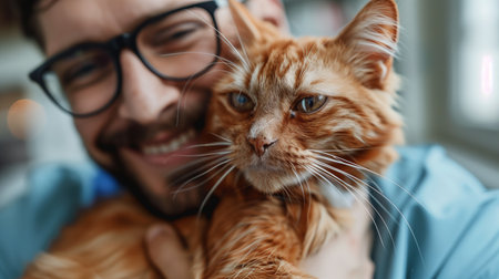 Man Holding Cat in His Arms. Generative AIの素材