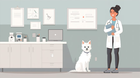 Woman in White Lab Coat With White Dog. Generative AIの素材