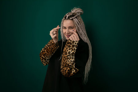 Woman With Grey Hair Wearing Leopard Print Shirtの写真素材