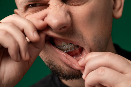 Man With Braces Holding Thumb to Mouthの写真素材