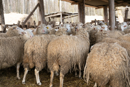 A Herd of Sheep Standing Togetherの写真素材