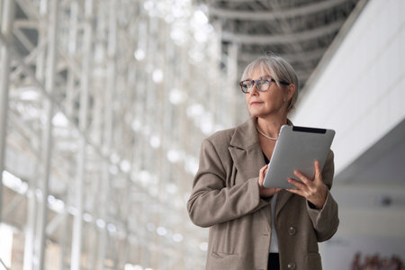 Stylish elderly woman with glasses using a tablet in a modern, well-lit architectural space during the afternoonの写真素材