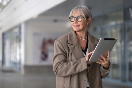 Middle aged businesswoman in a stylish coat using a tablet in a modern office building during the afternoonの写真素材