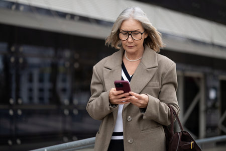 A senior businesswoman checks her phone while walking outside in an urban environment on a sunny dayの写真素材