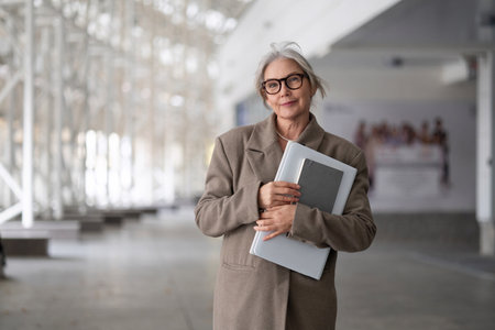 Senior businesswoman standing confidently outdoors, showcasing her professional demeanor in a modern urban settingの写真素材