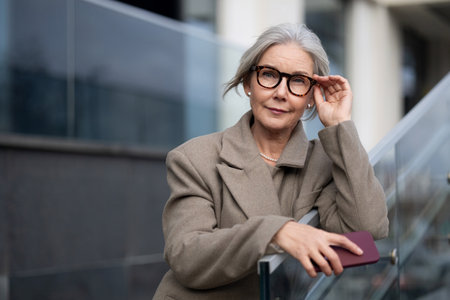 A senior businesswoman standing confidently outside an office building, adjusting her glasses and holding a smartphone in handの写真素材
