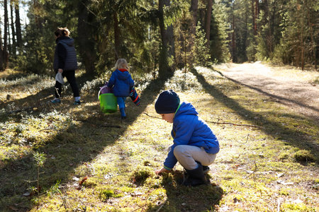 Children exploring a forested area during a sunny day while an adult accompanies them on an outdoor adventureの写真素材
