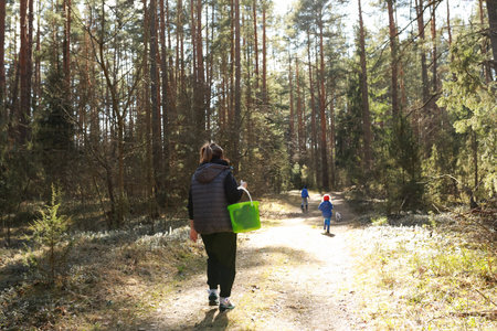 Family enjoys a day in the woods while carrying a picnic basket and exploring nature paths during springtimeの写真素材