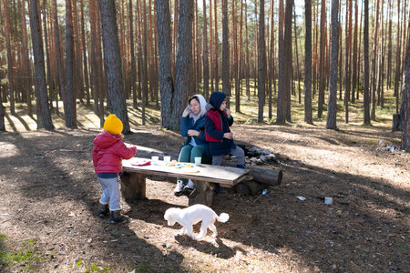 Family enjoys a picnic in the peaceful forest during a sunny day with a child and a dog playing nearbyの写真素材