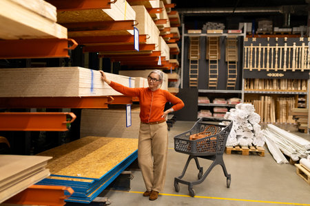 Woman shopping in a home improvement store, exploring materials and making selections in a vibrant retail environment