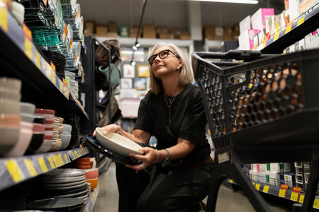 Woman selecting dinnerware in a store, capturing the essence of shopping and modern living during a...