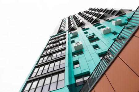 High-rise apartment buildings in a residential area with a focus on rental and mortgage options and property insurance considerationsの写真素材