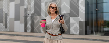 Woman holding coffee and smartphone while standing in modern urban setting during daytime
