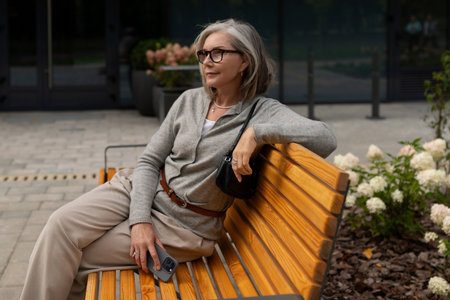 Elderly woman relaxing on a wooden bench in a modern garden area during a sunny day in an urban settingの写真素材