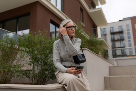 Woman sitting casually on steps while checking her phone in an urban setting during the afternoonの写真素材