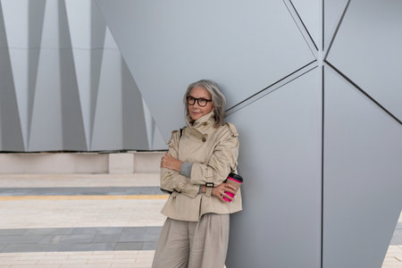 Stylish older woman leans against modern architecture while enjoying a coffee in an urban settingの写真素材