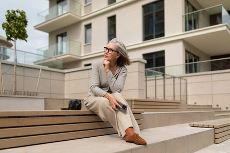 Elderly woman sitting thoughtfully on stairs at modern building during daytime