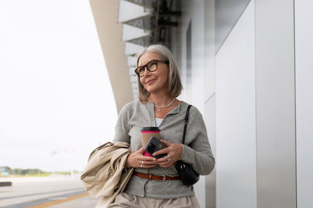 Woman at airport terminal enjoying coffee while waiting for her flight during sunny dayの写真素材