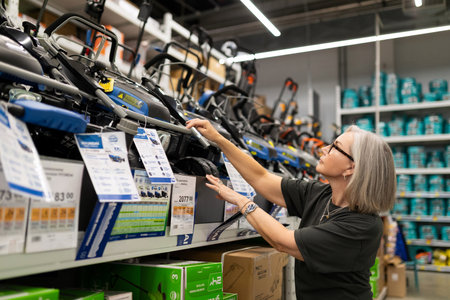 Woman examining tools in a hardware store during a shopping trip in the afternoon